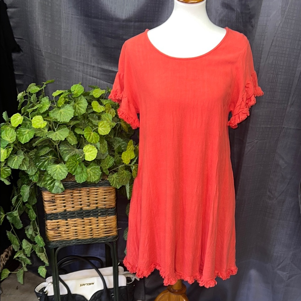 Umgee Coral Dress with Ruffled Sleeves